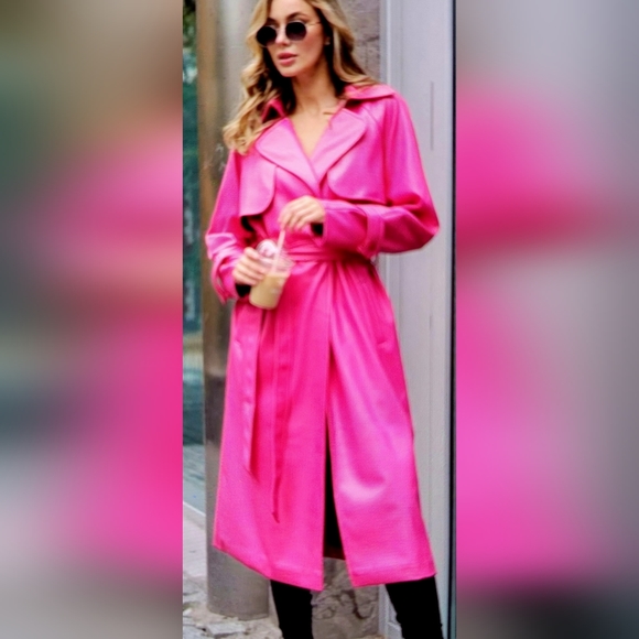 HOT PINK Faux Leather Trench Coat. NEW sz Small - Picture 4 of 10